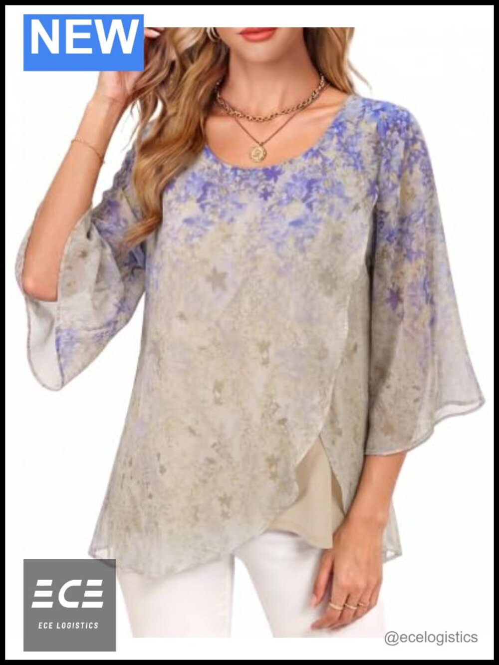 Lotusmile Women's 3/4 Bell Sleeve Chiffon Blouse Asymmetrical Dressy Top